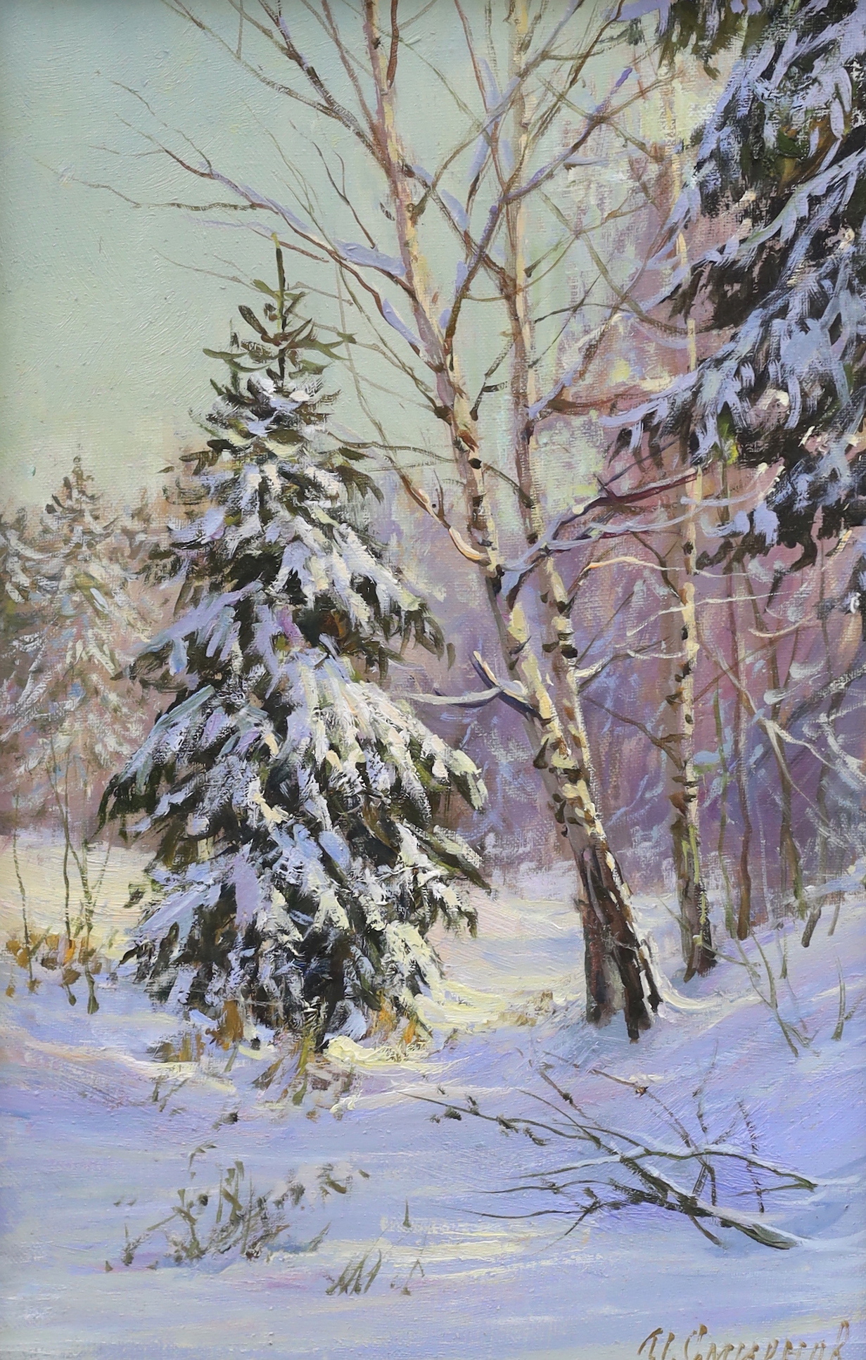 Igor Smirnov (Russian, b.1963), oil on canvas, Winter landscape, signed, 28 x 18cm